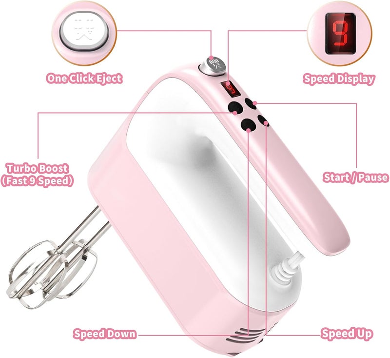 Yomelo 9-Speed Digital Hand Mixer Electric, 400W Powerful DC Motor, Hand Mixer Electric Handheld with Snap-On Storage Case, 5 Stainless Steel Accessories, Beaters, Dough Hooks, Whisk(Pink/White) - Image 2